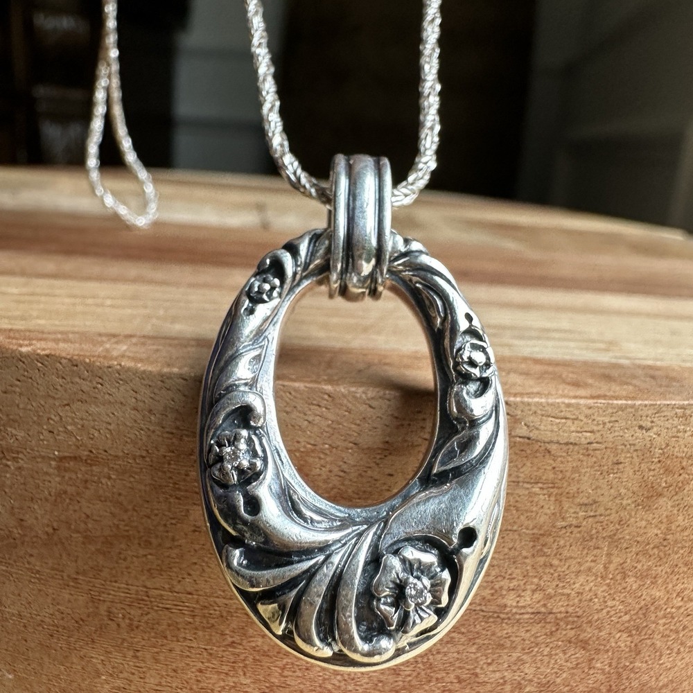 LYRIC Pendant Necklace 19 Inch 2 Natural Diamonds Oval Scroll 925 Sterling 19.4g
